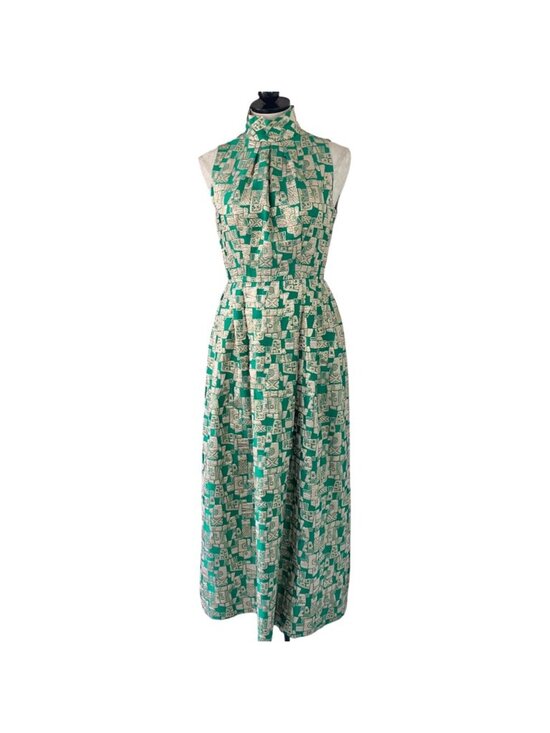 Unbranded Dresses & Skirts - Vintage Womens Pleated Maxi Dress Size Small Green Gold Geometric Print Casual